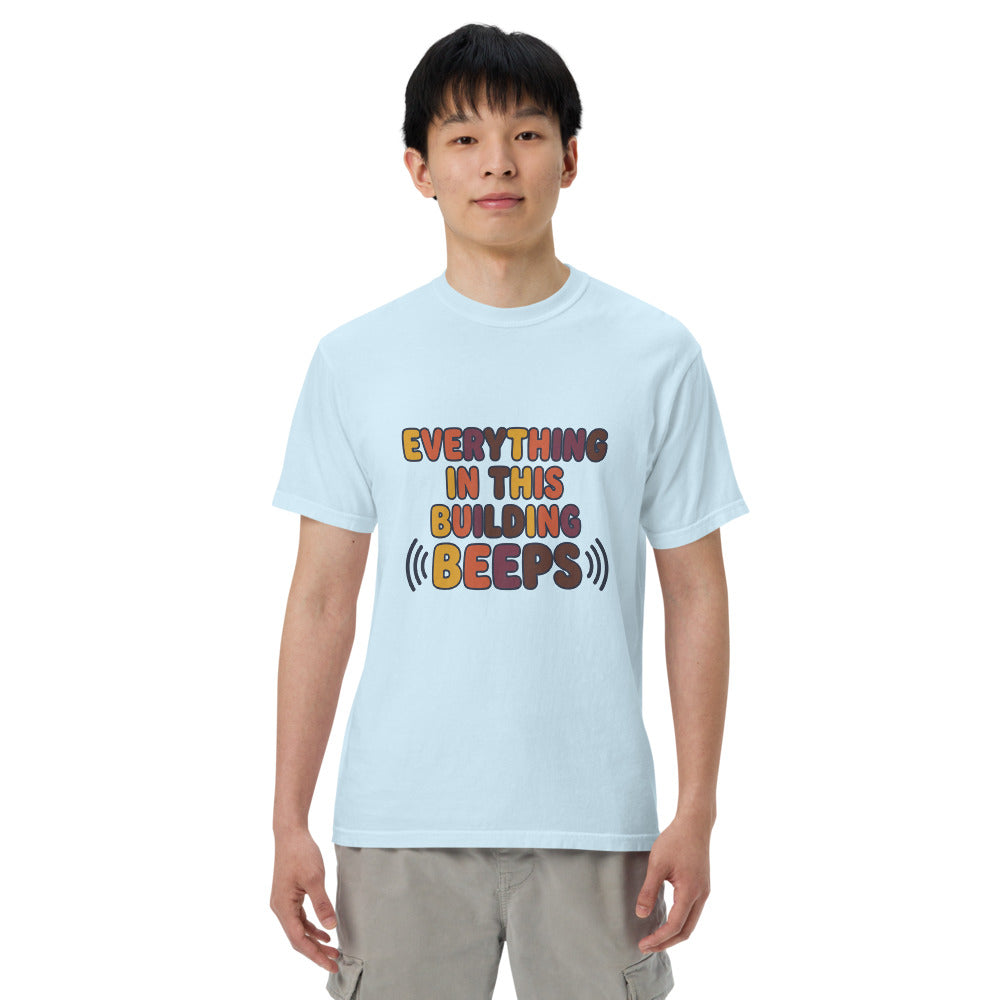 Everything In This Building Beeps tee in Chambray, on a man