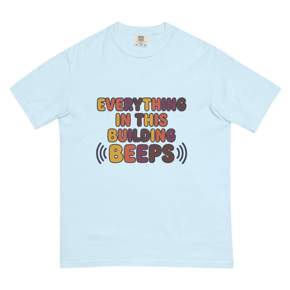 Everything In This Building Beeps tee in Chambray, flat lay