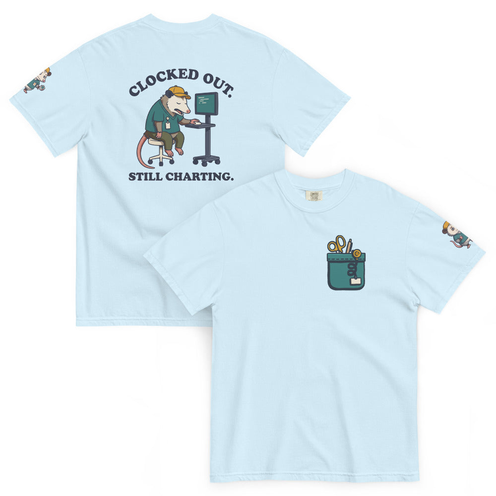 Clocked Out. Still Charting. Full Kit in Chambray, front and back
