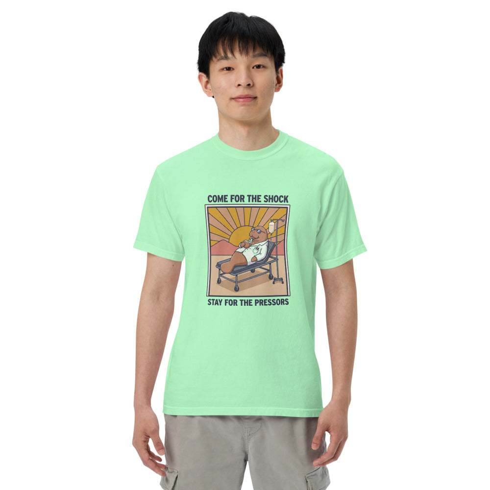 Come for the Shock, Stay for the Pressors tee in Island Reef, on a man