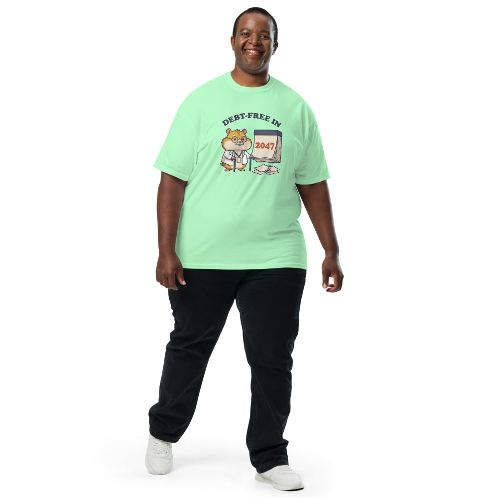 Debt-Free in 2047 tee in Island Reef, on a man