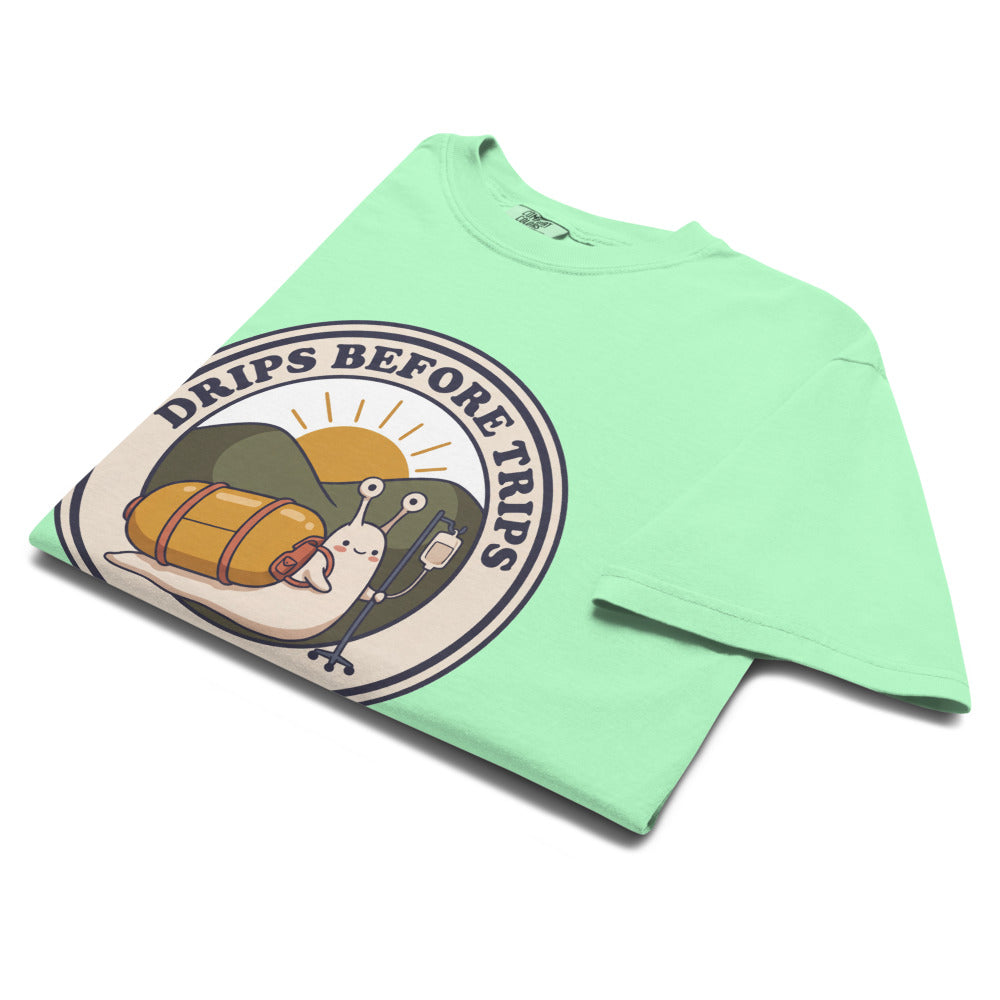 Drips Before Trips tee in Island Reef, folded
