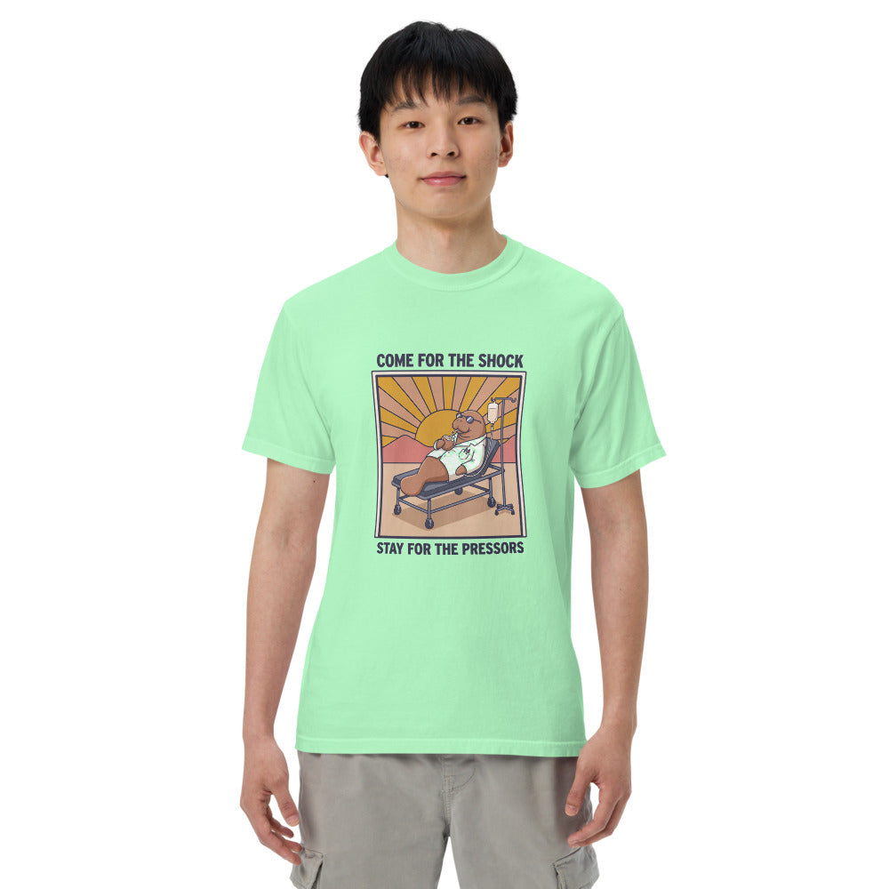 Come for the Shock, Stay for the Pressors tee in Island Reef, on a man