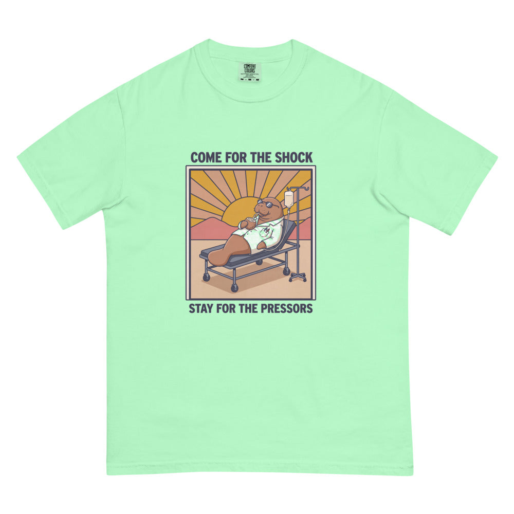 Come for the Shock, Stay for the Pressors tee in Island Reef, flat lay