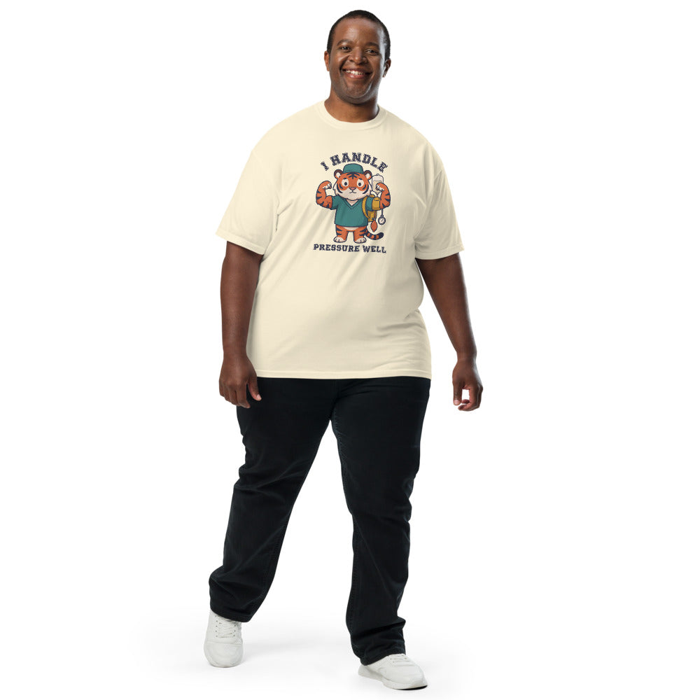 I Handle Pressure Well tee in Ivory, on a man