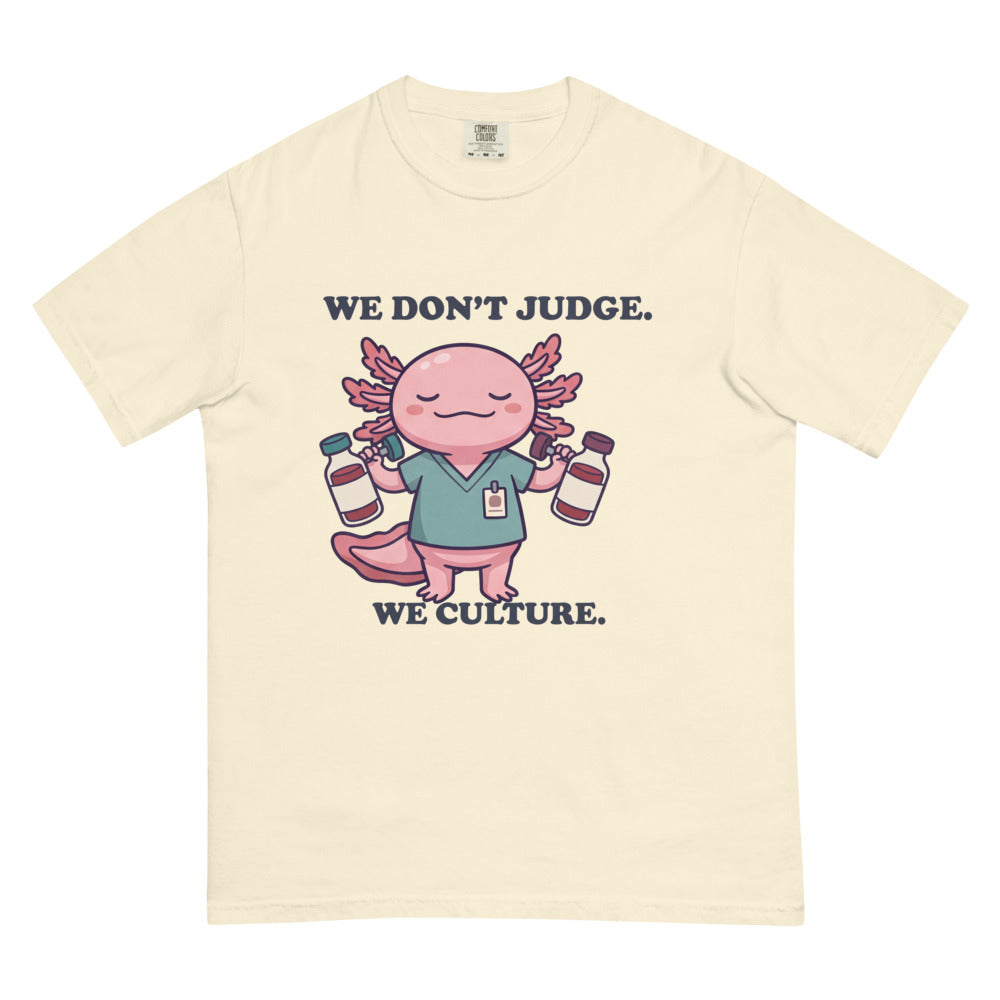 We Don't Judge. We Culture. tee in Ivory, flat lay