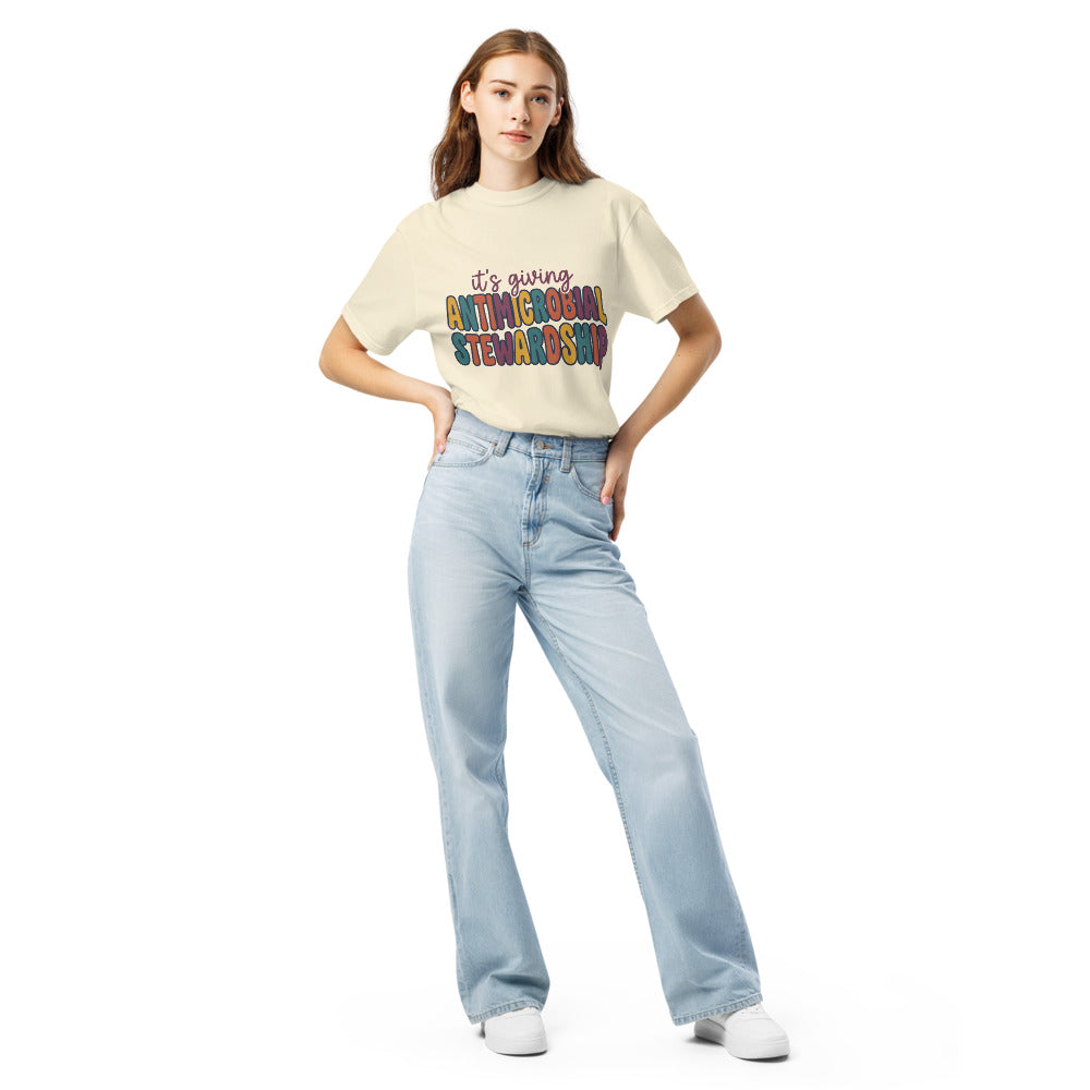 It's Giving Antimicrobial Stewardship tee in Ivory, on a woman