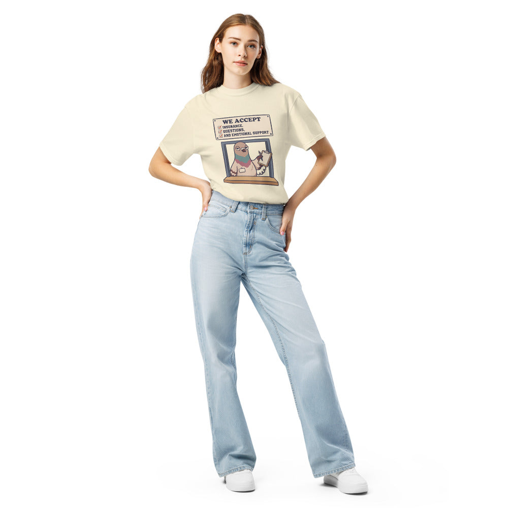 We Accept Insurance, Questions, and Emotional Support tee in Ivory, on a woman