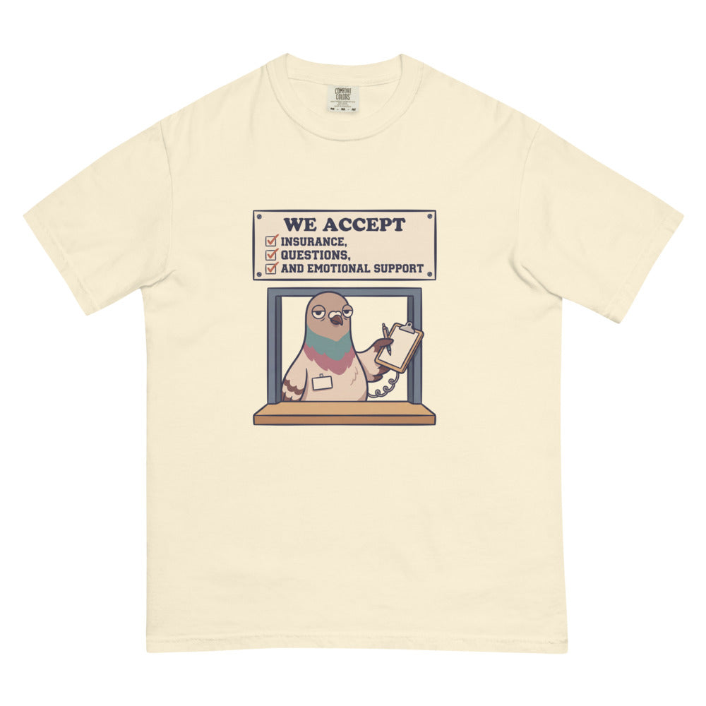 We Accept Insurance, Questions, and Emotional Support tee in Ivory, flat lay