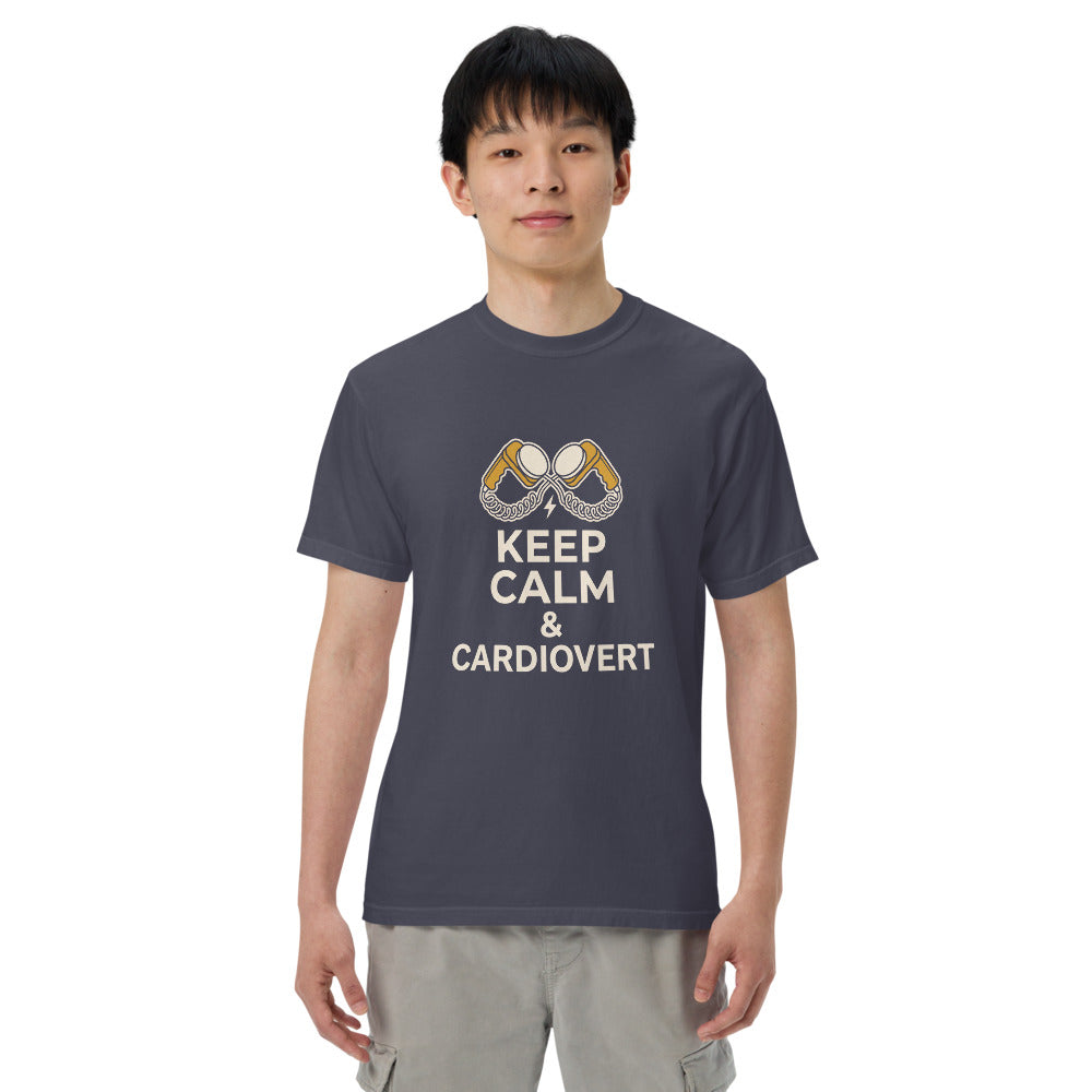 Keep Calm & Cardiovert tee in Navy, on a man