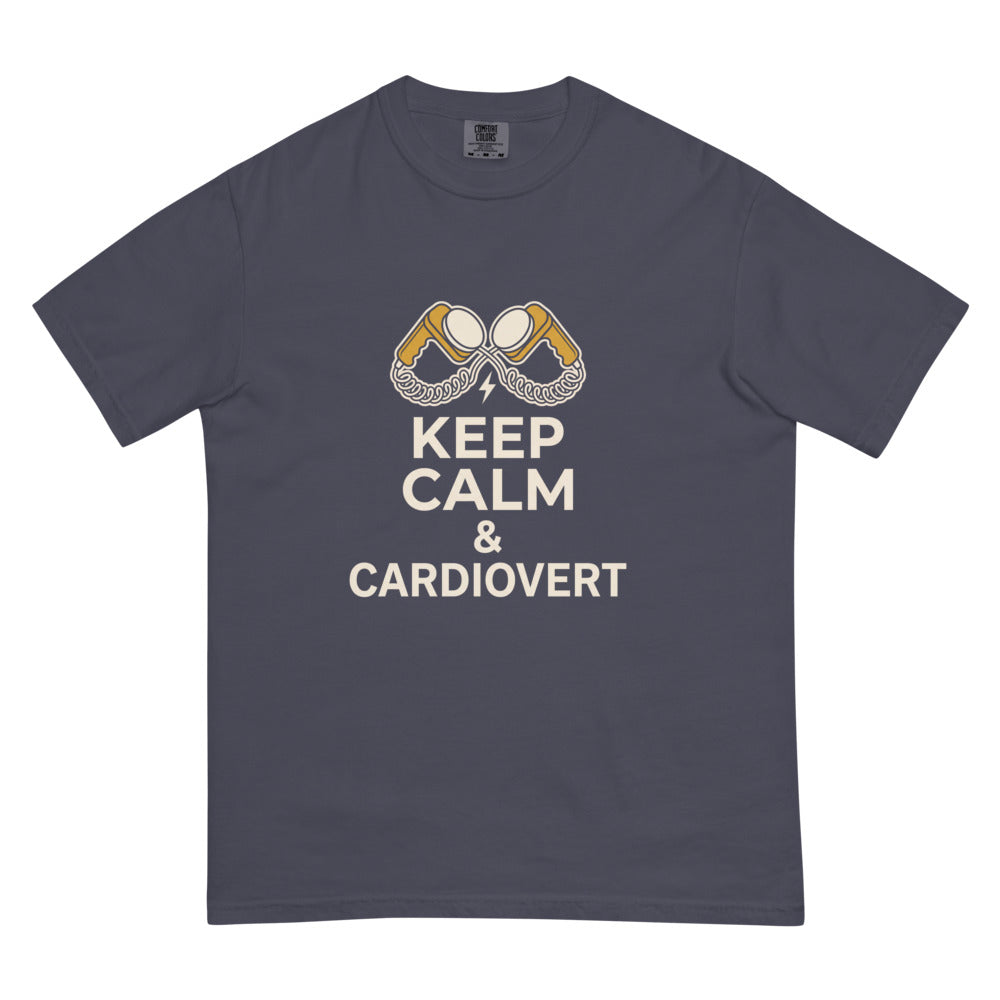 Keep Calm & Cardiovert tee in Navy, flat lay