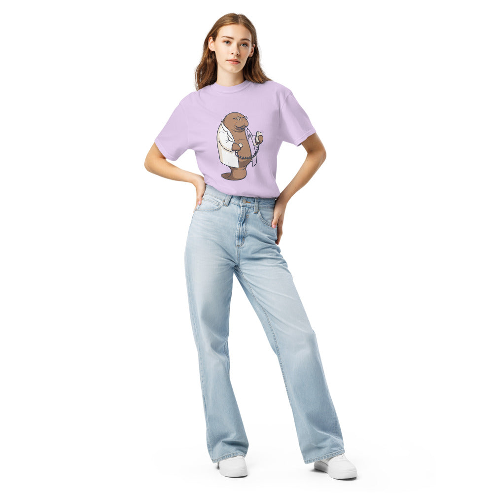 Dr. Flo tee in Orchid, on a woman
