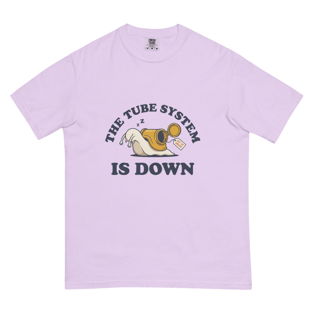 The Tube System Is Down tee in Orchid, flat lay