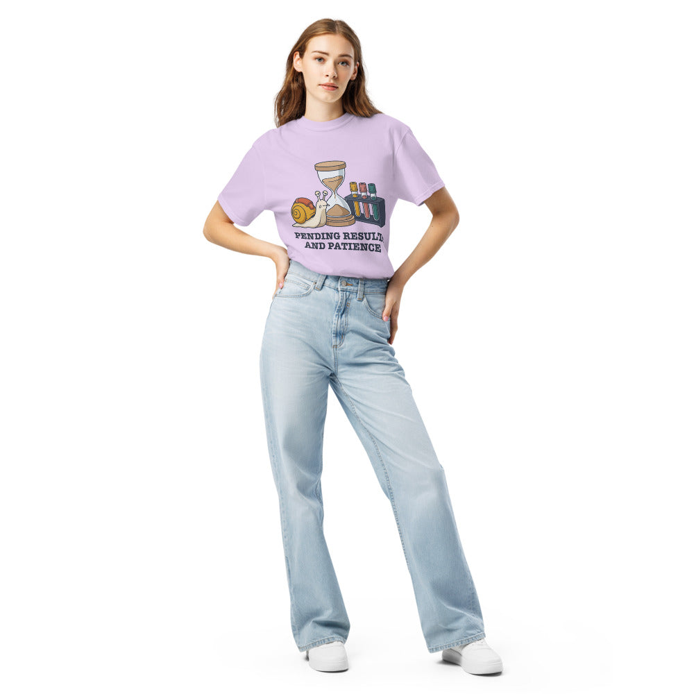 Pending Results and Patience tee in Orchid, on a woman