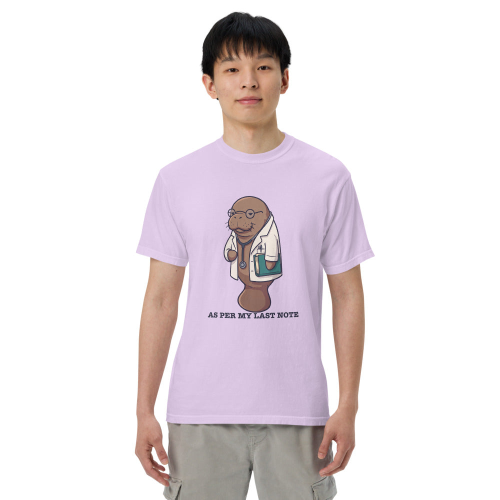 As Per My Last Note tee in Orchid, on a man