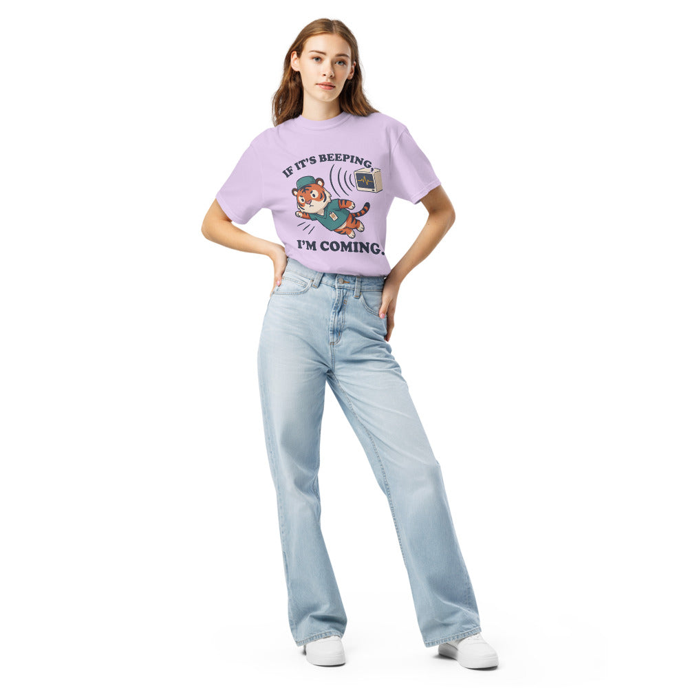 If It's Beeping, I'm Coming tee in Orchid, on a woman