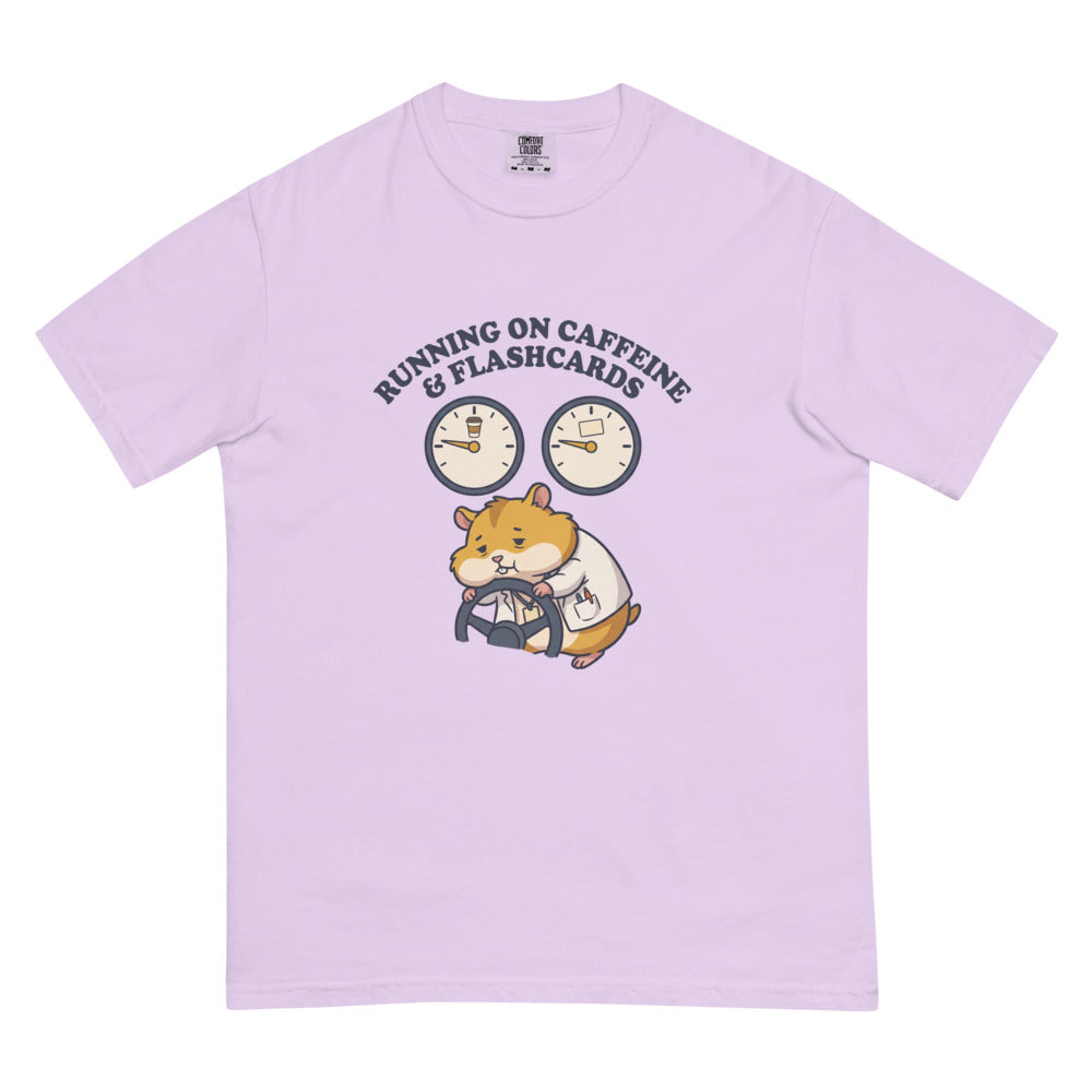 Running on Caffeine & Flashcards tee in Orchid, flat lay