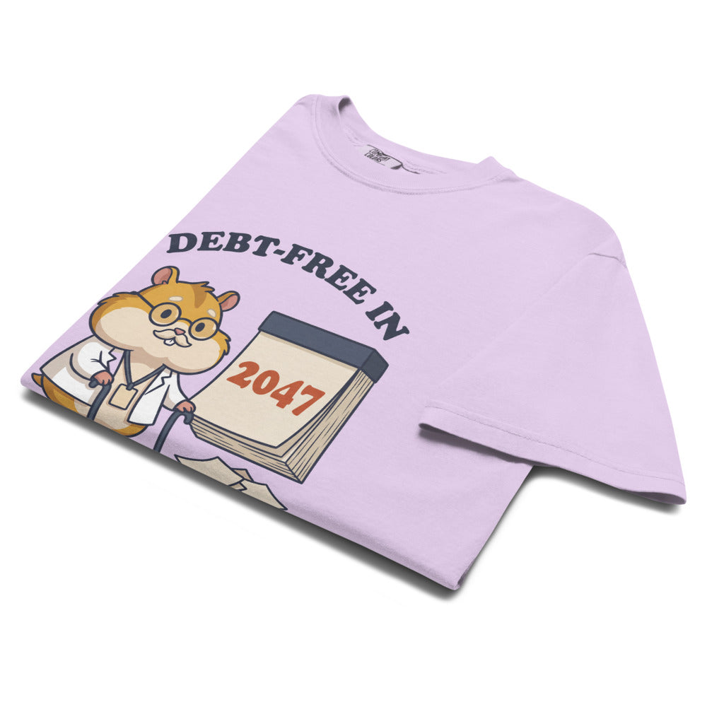 Debt-Free in 2047 tee in Orchid, folded