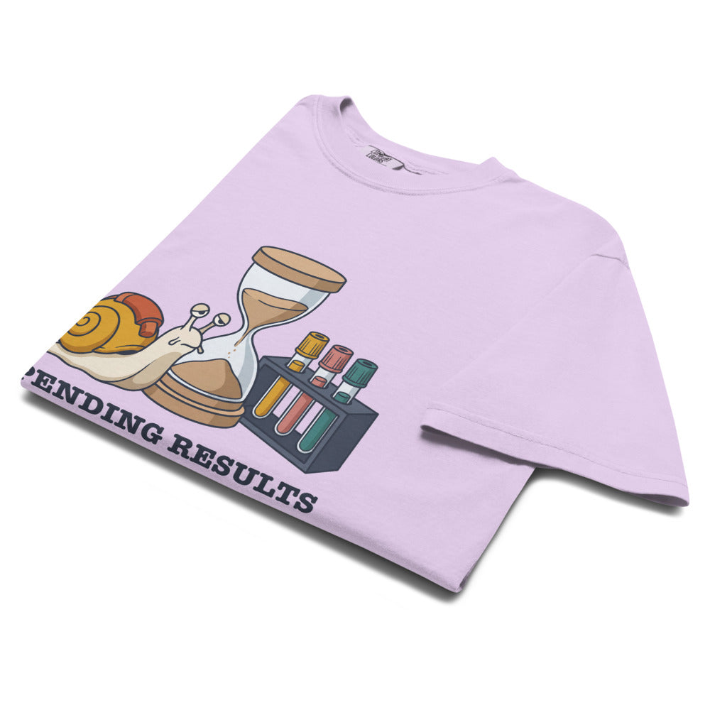 Pending Results and Patience tee in Orchid, folded