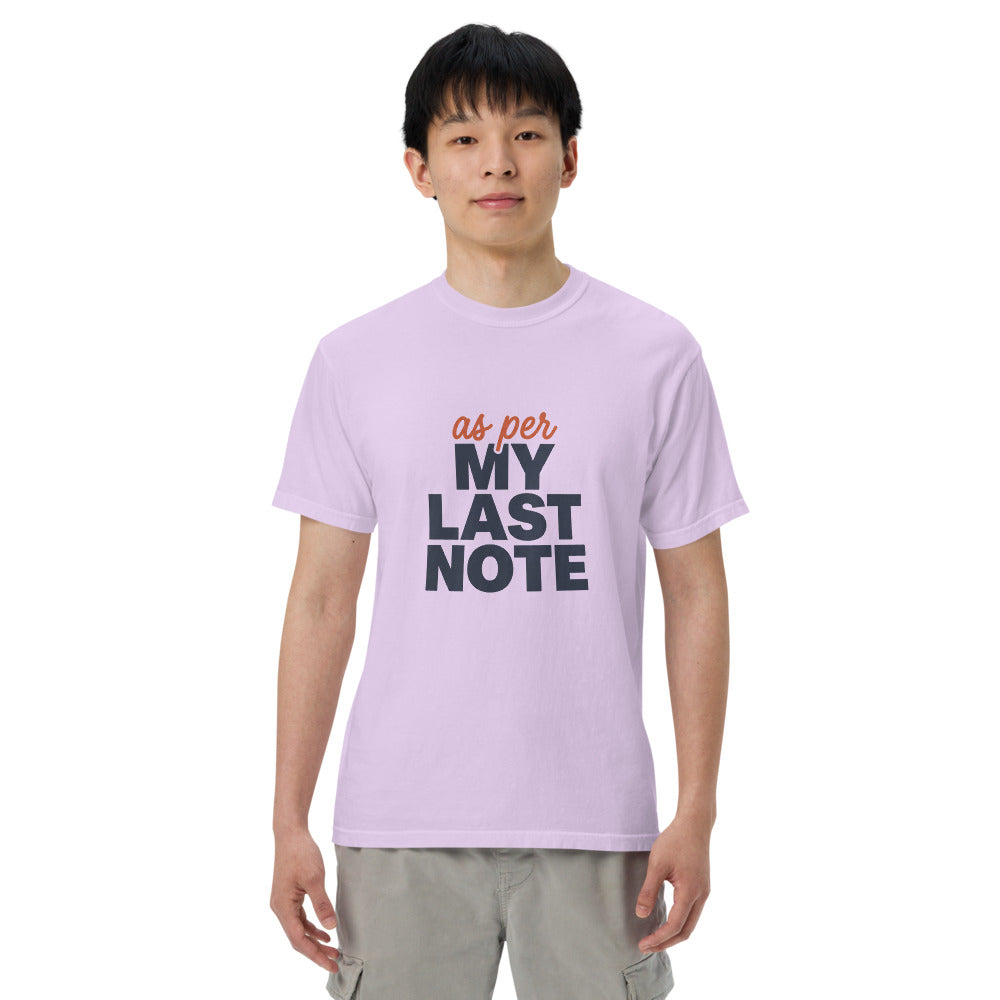 As Per My Last Note tee in Orchid, on a man