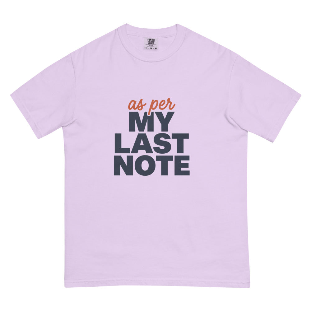 As Per My Last Note tee in Orchid, flat lay