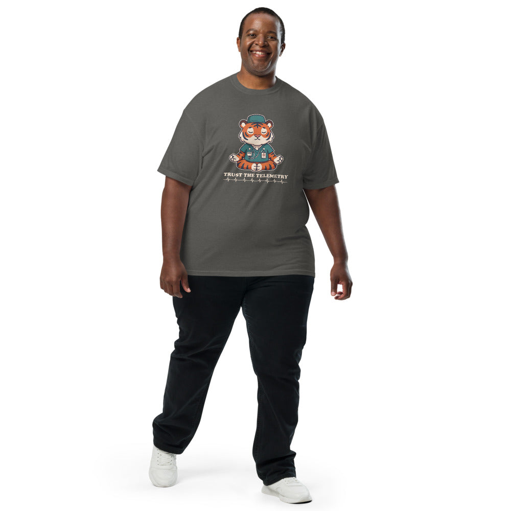 Trust the Telemetry tee in Pepper, on a man