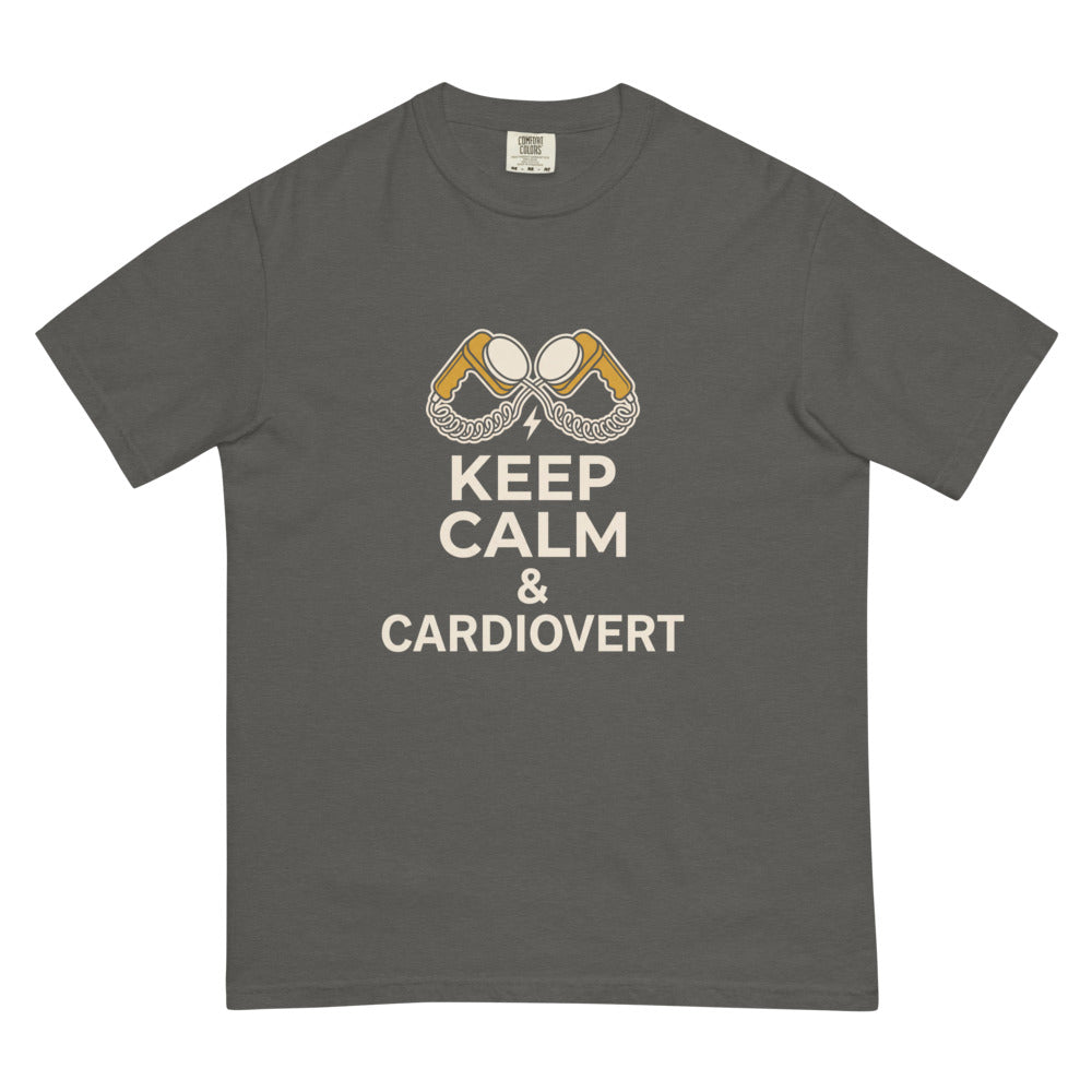 Keep Calm & Cardiovert tee in Pepper, flat lay
