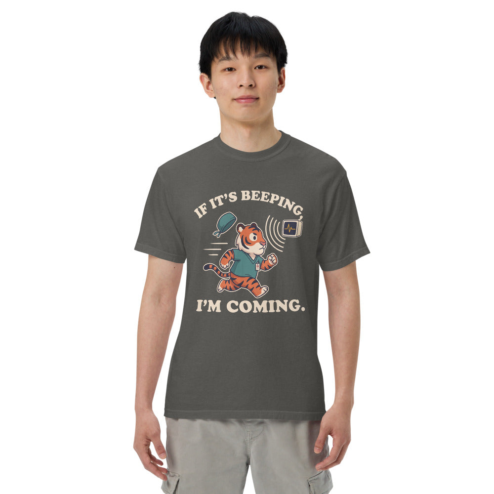 If It's Beeping, I'm Coming tee in Pepper, on a man