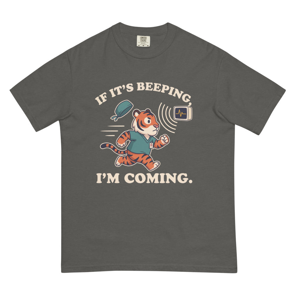 If It's Beeping, I'm Coming tee in Pepper, flat lay