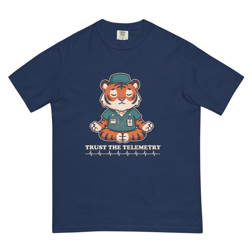 Trust the Telemetry tee in True Navy, flat lay