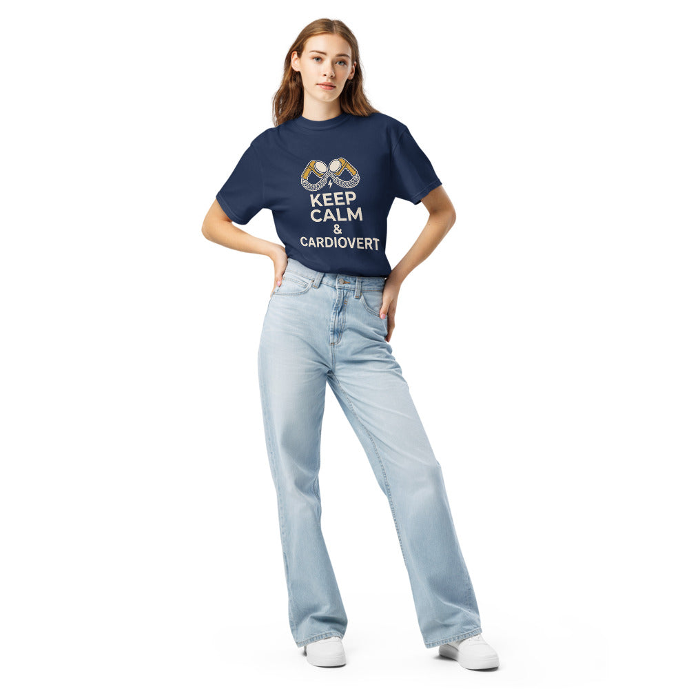 Keep Calm & Cardiovert tee in True Navy, on a woman