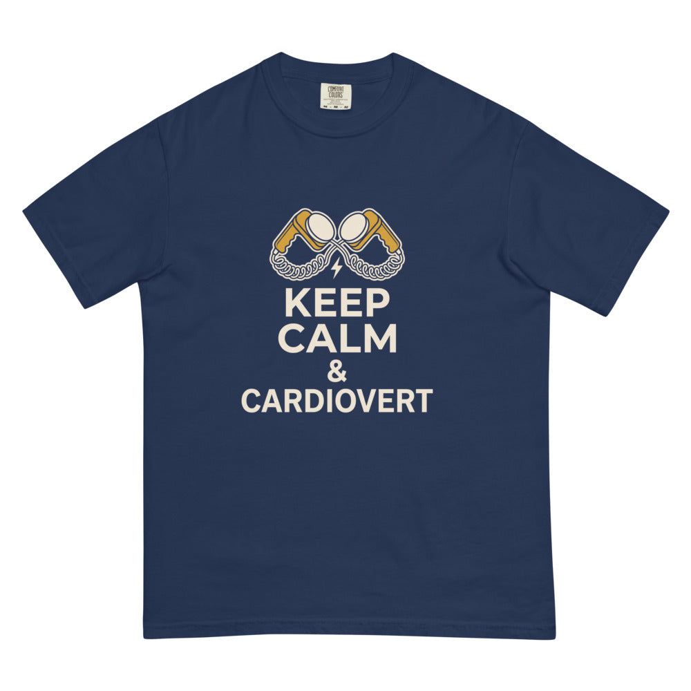 Keep Calm & Cardiovert tee in True Navy, flat lay