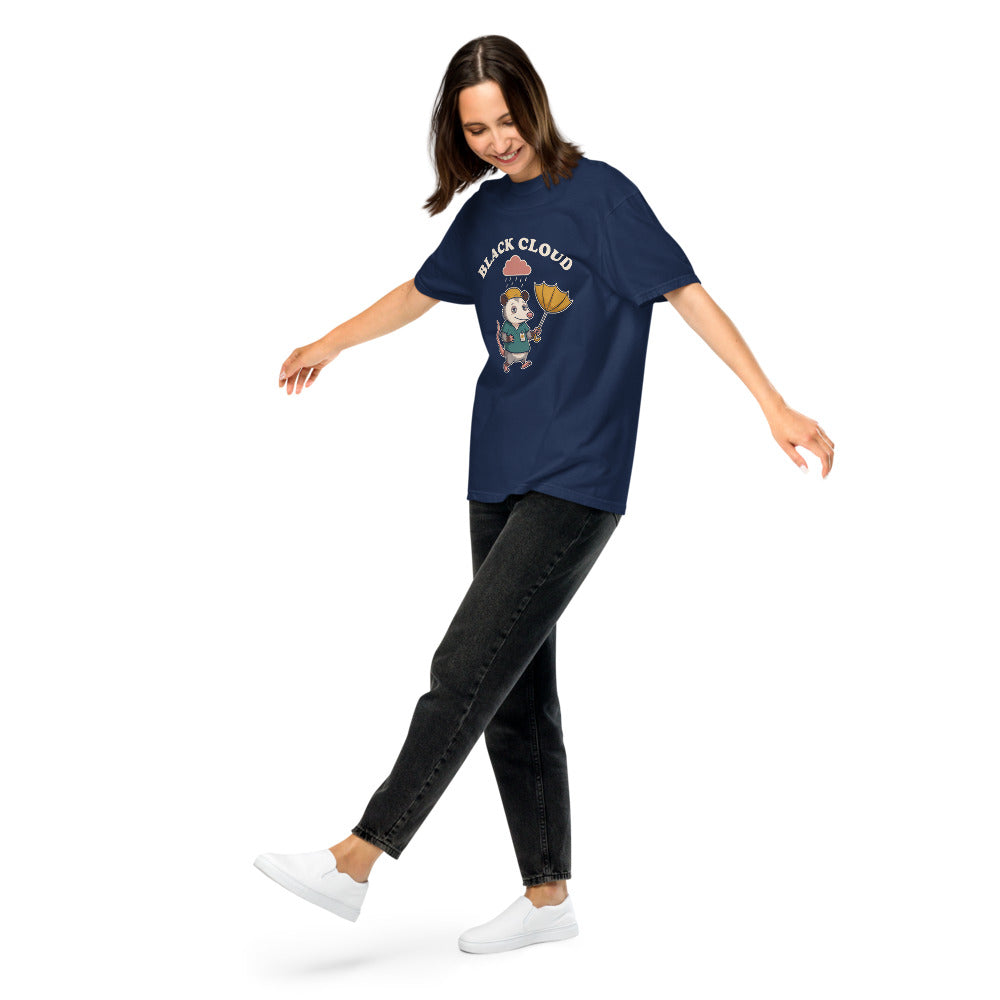 Black Cloud tee in True Navy, on a woman