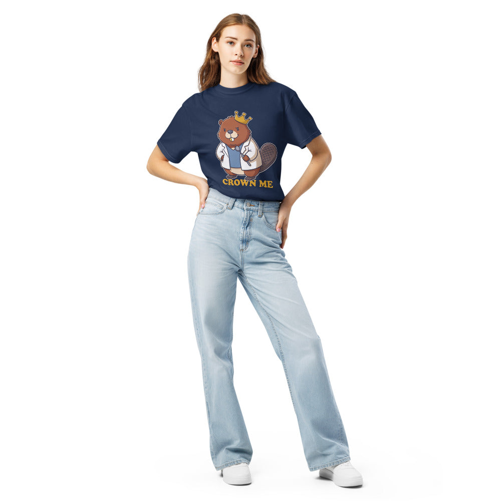 Crown Me tee in True Navy, on a woman